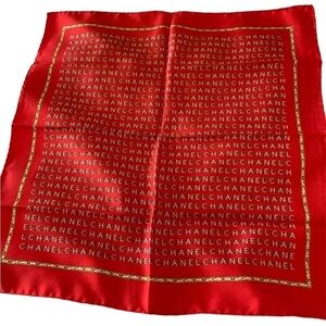 CHANEL Logo Chain Red/Gold Hankerchief Silk Scarf - Pre-Owned